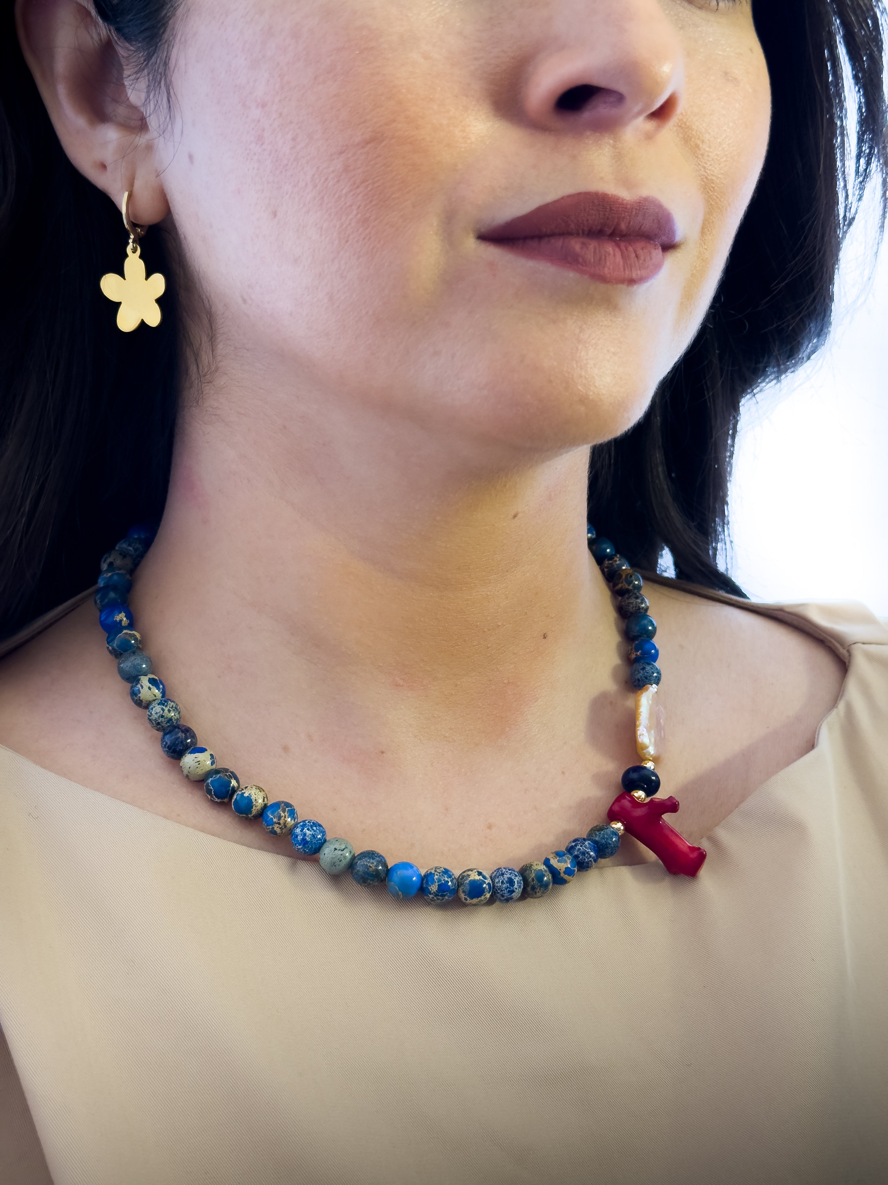 Collar Marea| Jaspe Imperial Azul, Perla Barroca y Coral rojo