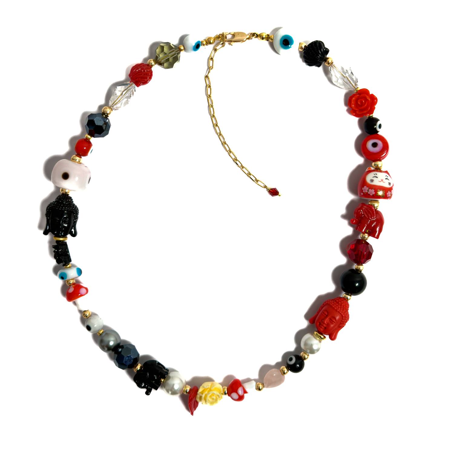 Collar artesanal MAVIS con amuletos de la fortuna, Budas, ojos turcos, elefantes, perlas, cristales y detalles esmaltados, elaborado a mano.