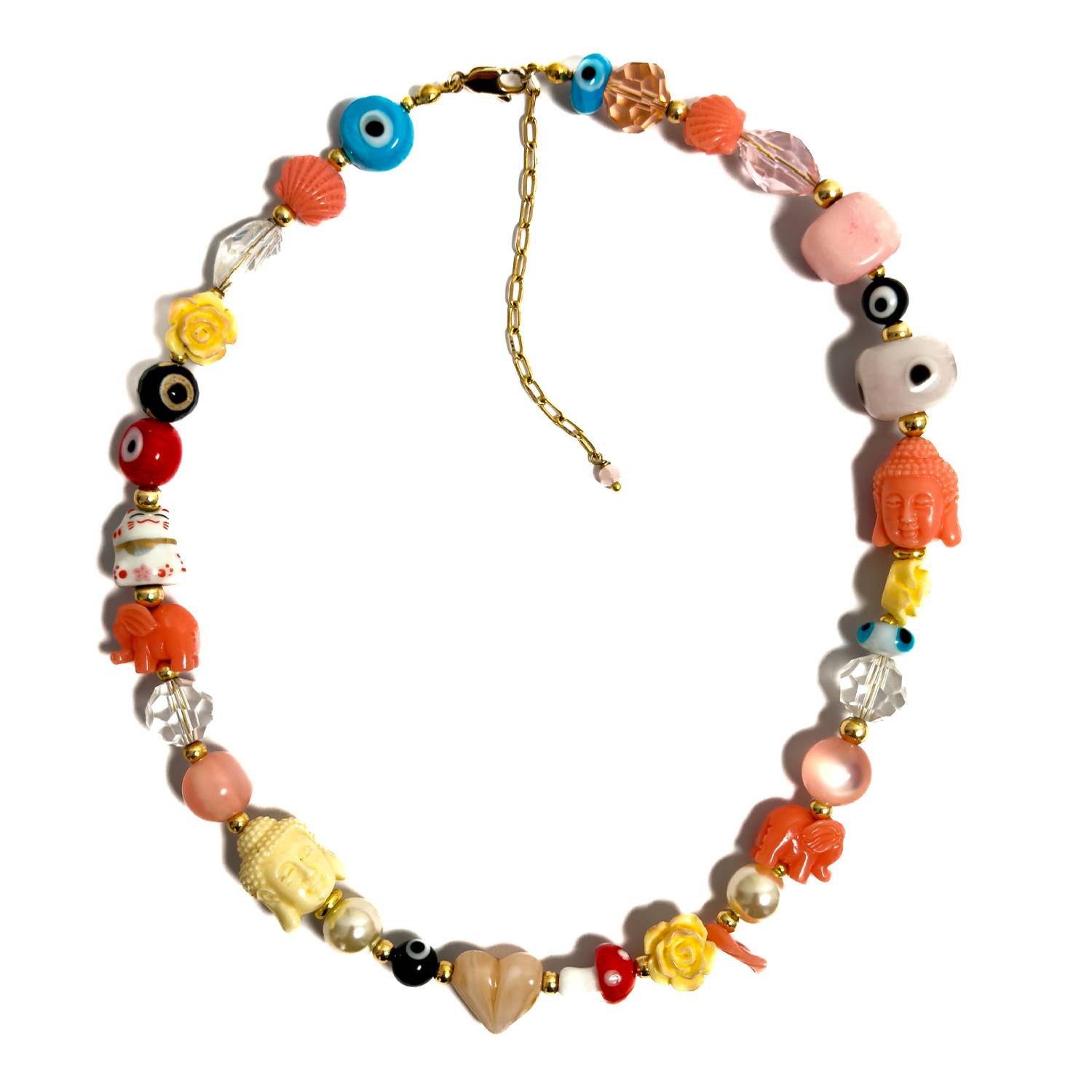 Collar artesanal MAVIS con amuletos de la fortuna, Budas, ojos turcos, elefantes, perlas, cristales y detalles esmaltados, elaborado a mano.