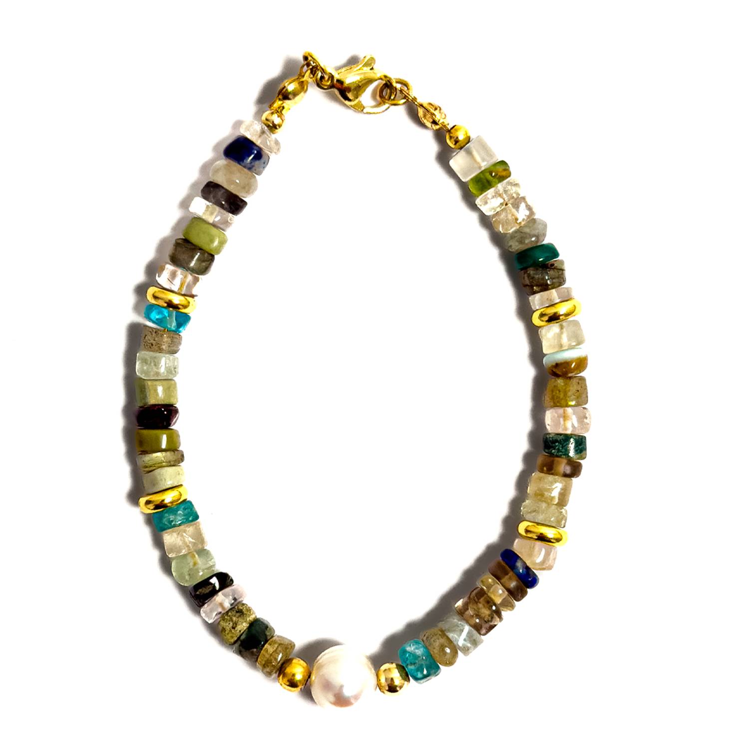 Pulsera artesanal MAVIS elaborada con piedras naturales mixtas, perla de agua dulce, separadores dorados y broche de baño de oro